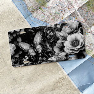 Monochrome Antique Floral with Butterflies License Plate