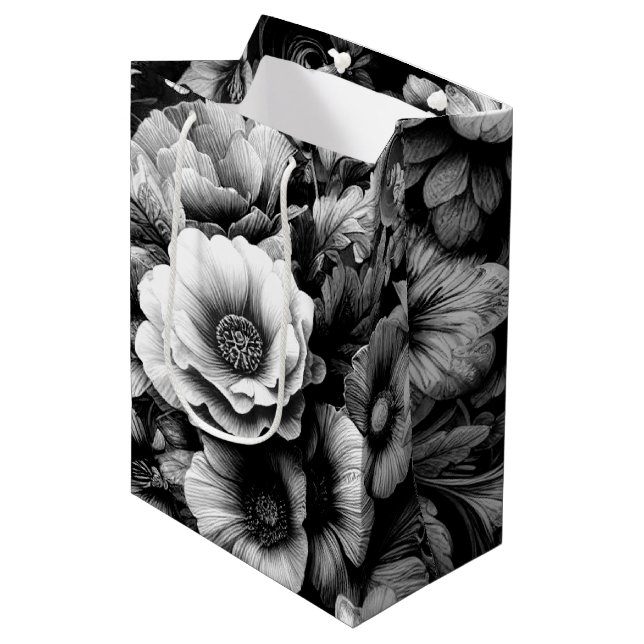  Monochrome Antique Floral with Butterflies  Medium Gift Bag (Front Angled)