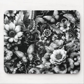 Monochrome Antique Floral with Butterflies Mouse Pad