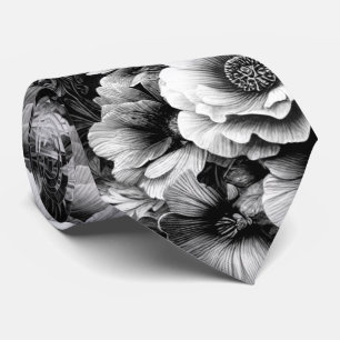 Monochrome Antique Floral with Butterflies Neck Tie