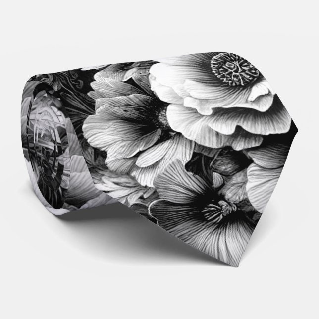  Monochrome Antique Floral with Butterflies  Neck Tie (Rolled)