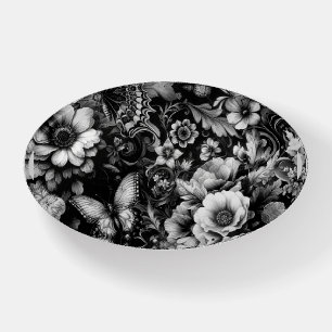 Monochrome Antique Floral with Butterflies Paperweight
