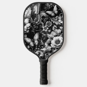  Monochrome Antique Floral with Butterflies  Pickleball Paddle