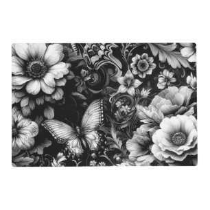 Monochrome Antique Floral with Butterflies Placemat