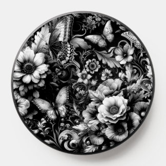 Monochrome Antique Floral with Butterflies PopSocket