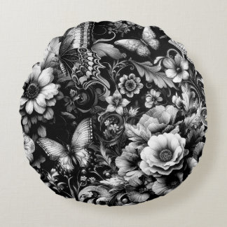 Monochrome Antique Floral with Butterflies Round Pillow