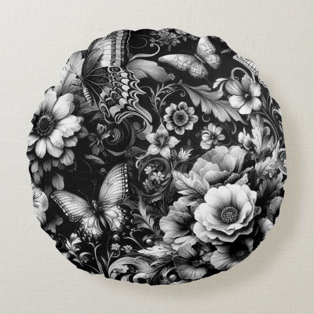  Monochrome Antique Floral with Butterflies  Round Pillow (Front)