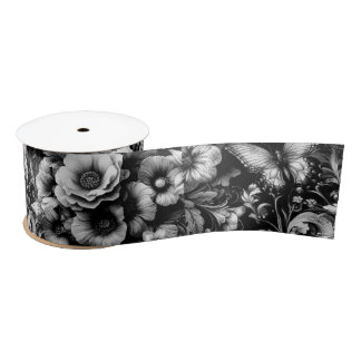  Monochrome Antique Floral with Butterflies  Satin Ribbon