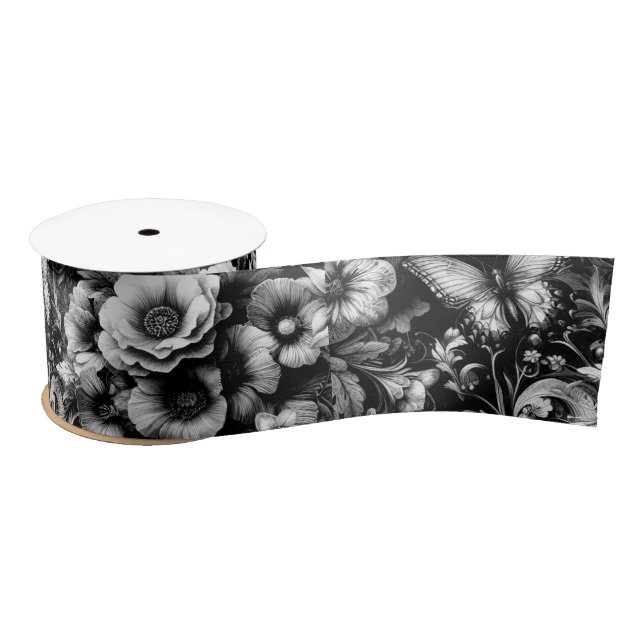  Monochrome Antique Floral with Butterflies  Satin Ribbon (Spool)