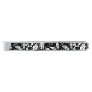 Monochrome Antique Floral with Butterflies Silver Finish Tie Bar