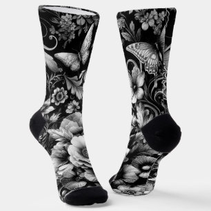 Monochrome Antique Floral with Butterflies Socks