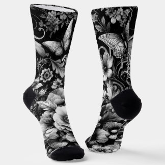 Monochrome Antique Floral with Butterflies Socks