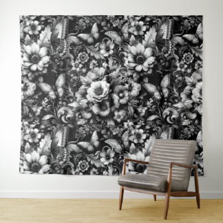  Monochrome Antique Floral with Butterflies  Tapestry