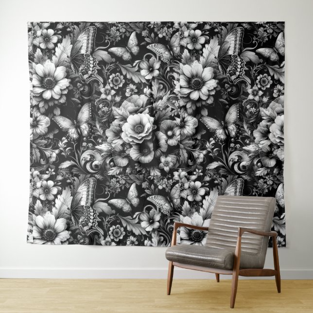  Monochrome Antique Floral with Butterflies  Tapestry (In Situ (Horizontal))