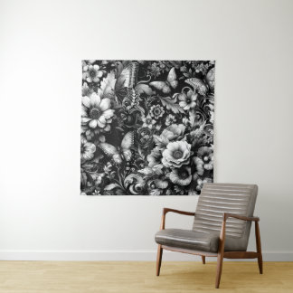 Monochrome Antique Floral with Butterflies Tapestry