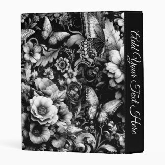 Monochrome Antique Floral with Butterflies Text Mini Binder