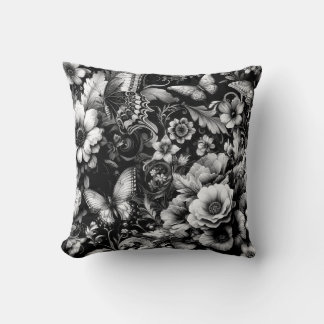 Monochrome Antique Floral with Butterflies Throw Pillow