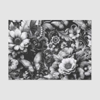 Monochrome Antique Floral with Butterflies  Tissue Paper