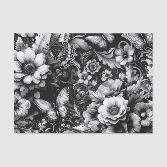  Monochrome Antique Floral with Butterflies  Tissue Paper (Front)