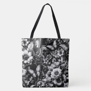  Monochrome Antique Floral with Butterflies  Tote Bag