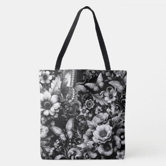  Monochrome Antique Floral with Butterflies  Tote Bag