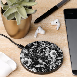 Monochrome Antique Floral with Butterflies Wireless Charger