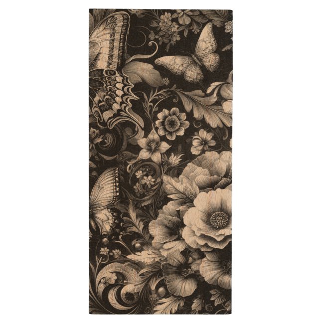  Monochrome Antique Floral with Butterflies  Wood Flash Drive (Back (Vertical))