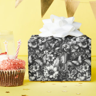  Monochrome Antique Floral with Butterflies  Wrapping Paper