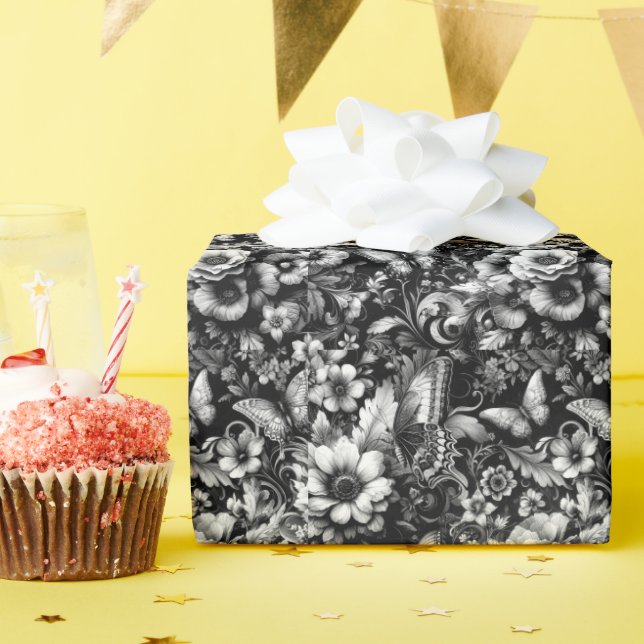  Monochrome Antique Floral with Butterflies  Wrapping Paper (Birthday Party)
