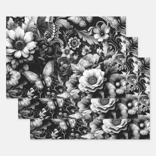  Monochrome Antique Floral with Butterflies  Wrapping Paper Sheets (Set)