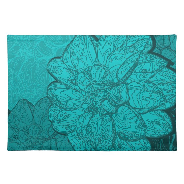 Monochrome Aqua Dahlia Floral Pattern Cloth Placemat (Front)