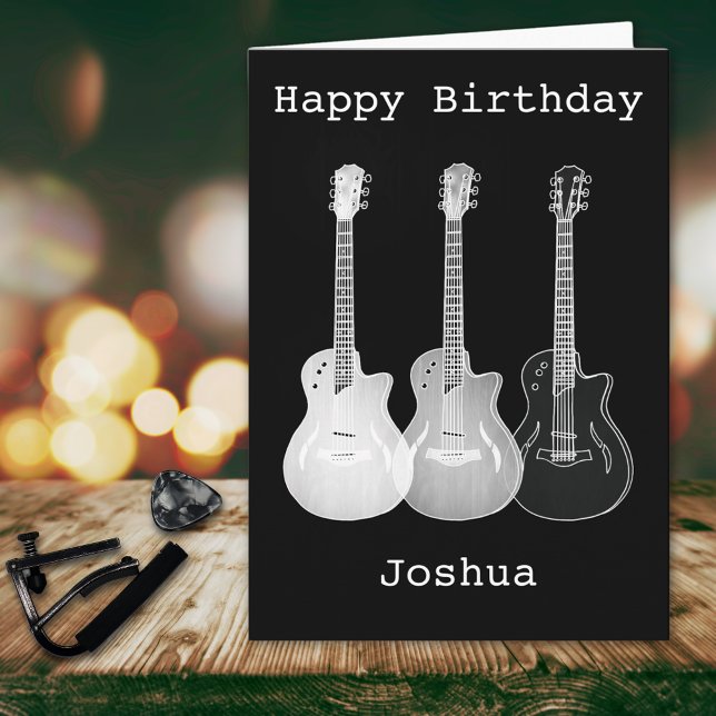 Monochrome Art Music Electric Guitar Name Joshua Card (Cool electric guitar Happy birthday black and white personalized music themed greetings card )