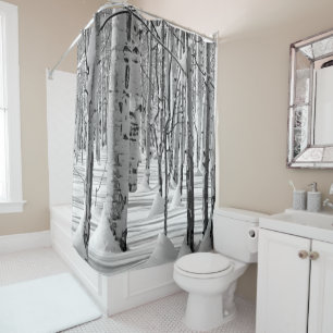 Monochrome Aspen Tree Trunks in Winter Snow Photo Shower Curtain