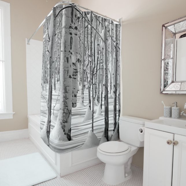 Monochrome Aspen Tree Trunks in Winter Snow Photo Shower Curtain (In Situ)