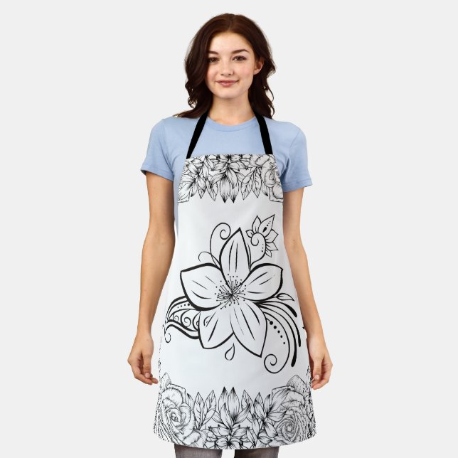 Monochrome Beautiful Flower, Graphic Artwork Apron (Worn)