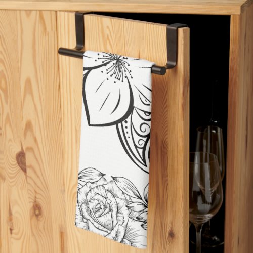 Monochrome Beautiful Flower Graphic Artwork Kitchen Towel