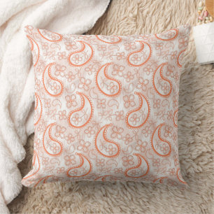 Monochrome beige white orange paisley pattern. throw pillow