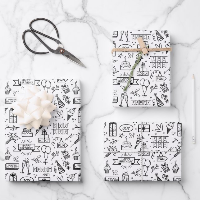 Monochrome Birthday Pattern Wrapping Paper Sheets (Front)