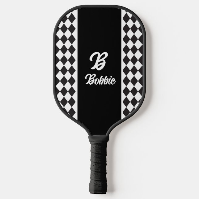 Monochrome Black And White Argyle  Pickleball Paddle (Back)