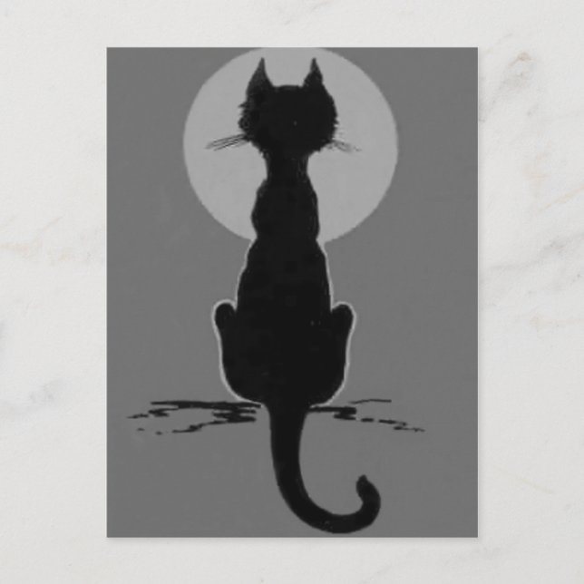 Monochrome Black And White Black Cat Full Moon Postcard (Front)