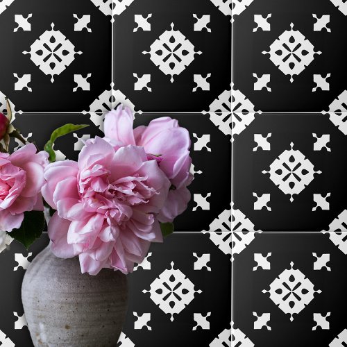 Monochrome Black and White Geometric Pattern Ceramic Tile