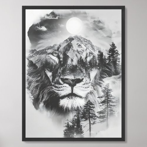 Monochrome black and white lion double exposure framed art