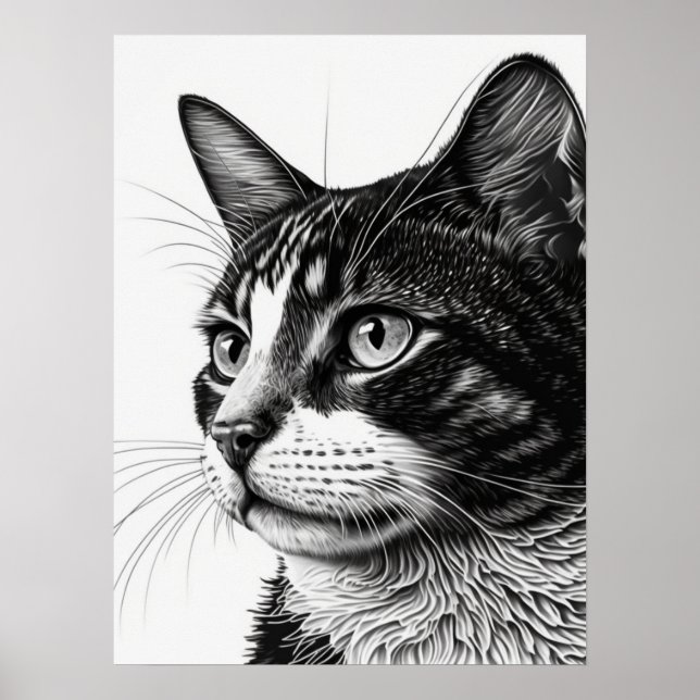 Monochrome Black and White Pet Cat Photo Poster (Front)