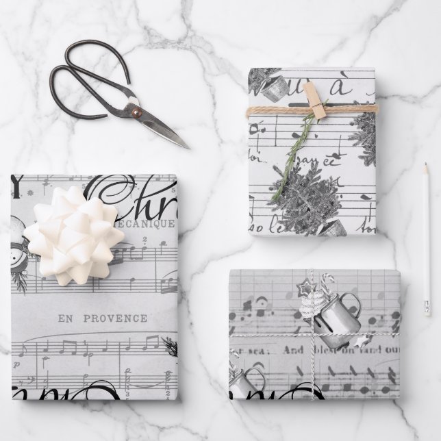 Monochrome Black Merry Christmas Happy Holidays Wrapping Paper Sheets (Front)
