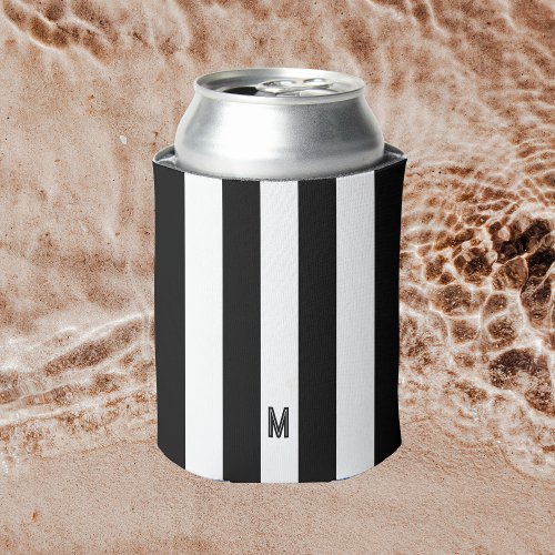 Monochrome Black  White Cabana Stripe Monogram Can Cooler