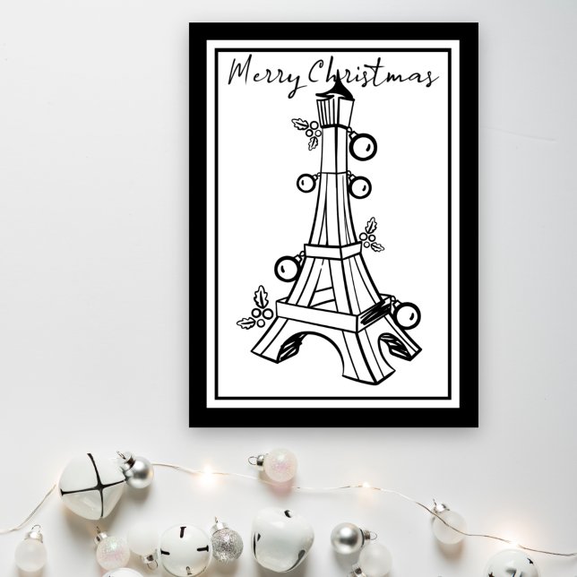 Monochrome Black, White Eiffel Tower Christmas Holiday Card (Creator Uploaded)