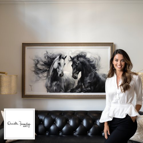 Monochrome Black White Horses  Large Wall Art 