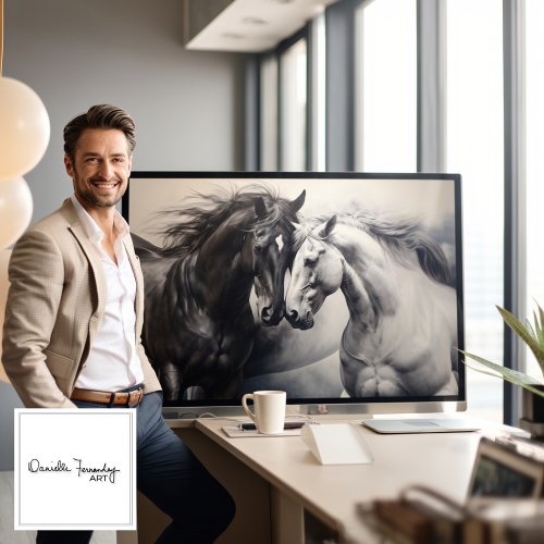 Monochrome Black White Horses  Large Wall Art    