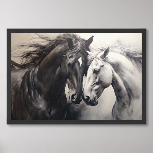 Monochrome Black White Horses | Large Wall Art  (Framed Front)