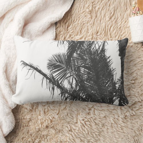 Monochrome Black White Palm Tree Leaves Lumbar Pillow
